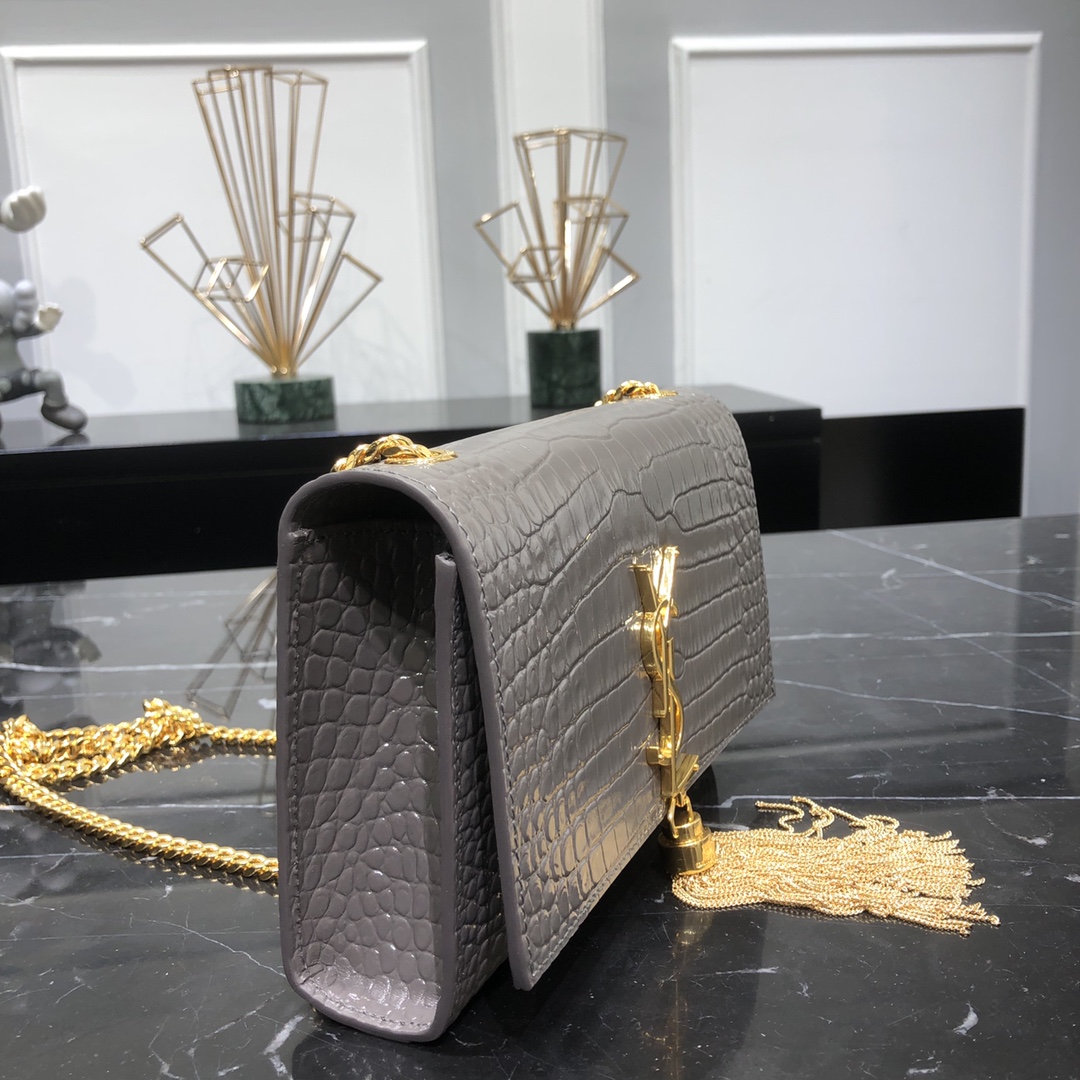 Saint Laurent Kate Tassel Small Crocodile Embossed Calfskin Shoulder Bag Handbag Grey 474366 Gold